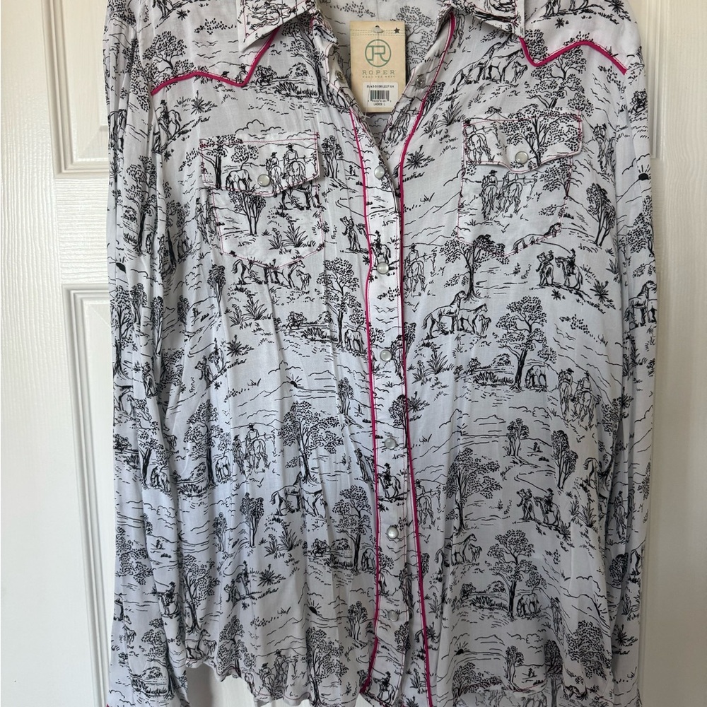 Black and White Graphic Button-Up Shirt with Pink Trim